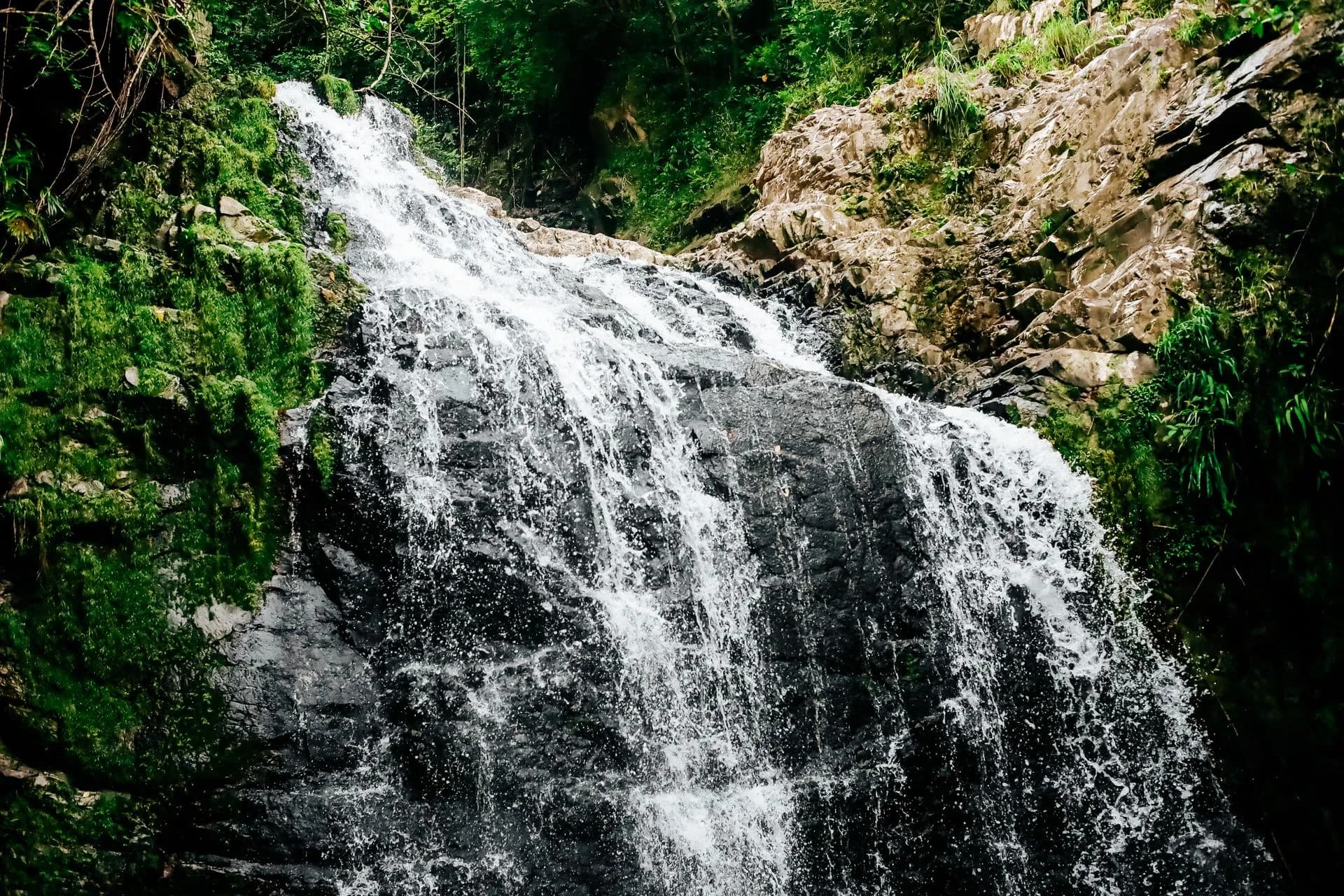 Hikers climbing beside a jungle waterfall into a clear pool in the hills above Jacó, Costa Rica
